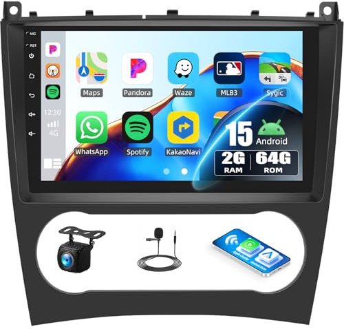 CAMECHO [2+64G] Android 15 Carplay Autoradio per Mercedes Benz Classe C W203 W209 C180 C200 2005-2009, Navi Carplay Android Auto, Schermo da 9 Radio WiFi Bluetooth MirrorLink RDS+Telecamera