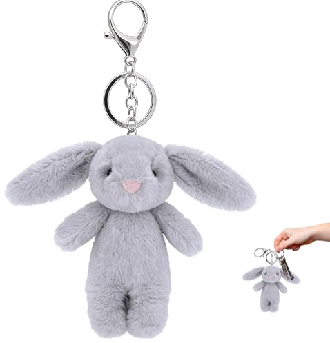 Porte Clef Peluche Lapin, Porte Clé lapin en Peluche mignon, Convient et Aux Femmes, Ornements D'animaux, Des cadeaux amusants et mignons, 10 cm, (Gris)