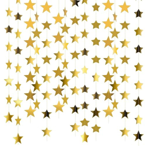 KNUIUYY 65 Foot Star Garland 5 x 4m Goldenem Reflective Hängend Sterngirlande, Stern Papier Girlande Glitzer Gold Deko für Geburtstag Karneval Jubiläen Hochzeiten Partydeko (Gold)