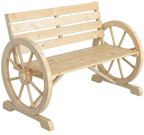 Outsunny Banco de Jardín de Madera de 2 Plazas 105,5x59x75 cm Natural | Banco de Exterior, Reposabrazos en Forma de Rueda, Estilo Rústico, Carga 250 kg, para Patio, Terraza