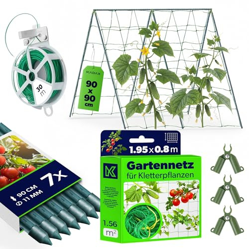 KADAX Gurken Rankhilfe Set – 7 x Pflanzstab 90 cm, Ranknetz 1,95 x 0,8 m, 3 x Pflanzstab-Verbinder, 30 m Gartendraht – Gurkengitter, Rankgitter, Gurkenspalier