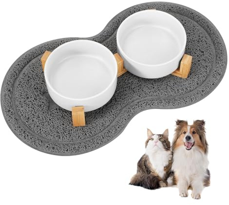 Foymlon Comedero Perro Elevado, 400ML 2 Piezas Comedero Perro Gato Cerámica con Base de Bambú y Almohadilla Antideslizante para Perros Mediano y Pequeños (Blanco)