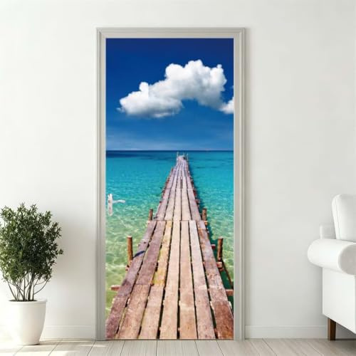 Adesivi per Porte Interne 95x215 3D Adesivo Porta Paesaggio Marino | Molo in Legno Pellicola per Porte, Autoadesiva, Adesiva Poster Sticker Murale, PVC, Impermeabile, Rimovibile (DS51)