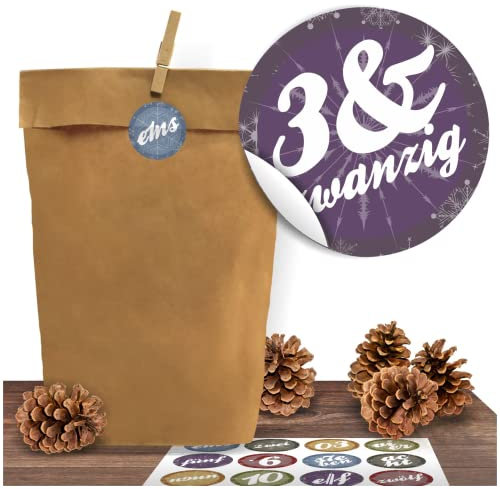 24 Adventskalender Kraftpapiertüten mit 24 modernen Adventszahlen-Aufkleber zum Verschließen für den Adventskalender zum Basteln und Befüllen