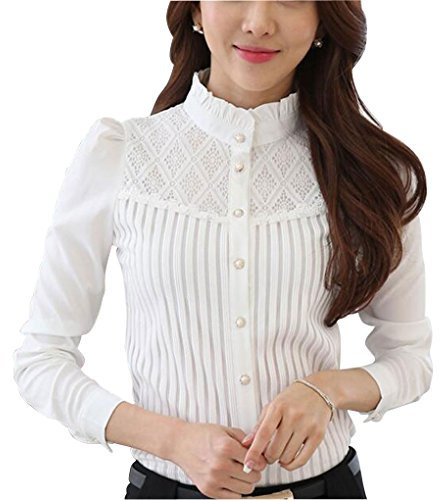 Womens Chiffon Vintage Stand Collar Button Down Shirt Long Sleeve Lace Blouse with Stretch White UK 14