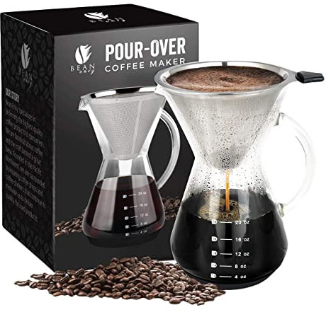 Bean Envy Pour Over Coffee Maker - 20 - oz Borosilicate Glass Carafe - Rust Resistant Stainless Steel Paperless Filter/Dripper - Includes Patent Pending Silicone Sleeve