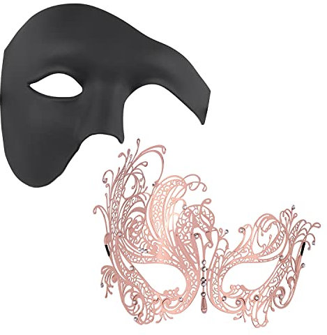 Thmyo 2 Stücke Paar Gorgeous Masquerade Masken, Half Face Venezianische Partei Kostüme Maske (Rose Gold + schwarz)