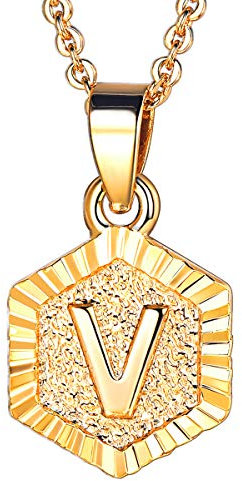 FOCALOOK Schmuck Damen Collier Buchstabe V Anhänger 18k vergoldet mit 55cm Rolokette Anfangsbuchstabe Hexagon Tag trendig Halskette für Frauen Mädchen