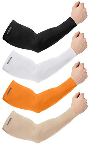 KMMIN Manchettes de Bras, Soleil Bras Manches Glacé Sun UV Protection UPF 50 Écran Gants de Protection Conduite Activité en Dehors Adultes Tatouages Couvrants 4pcs(Noir+Blanc+Orange+Beige, M)