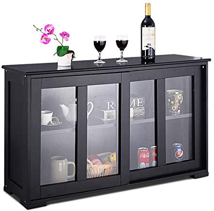 COSTWAY Mueble Auxiliar de Cocina con 2 Puertas Vidrios, Aparador Cocina de Madera con Estante Ajustable en Altura, Muebles de Almacenamiento de 106,5 x 33 x 62,5 cm, Ideal para cocina comedor (Negro)