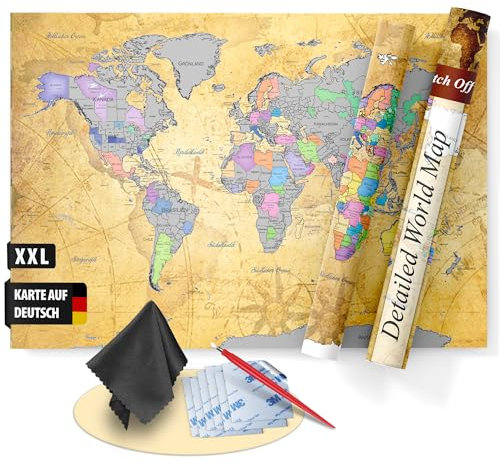 FlYHIGH XXL Weltkarte zum Rubbeln auf Deutsch I 80x57cm I Poster zum aufkratzern I Scratch off Map I Landkarte zum Rubbeln I Weltkarte zum Freirubbeln I Rubbelweltkarte I Weltkarte zum Freikratzen
