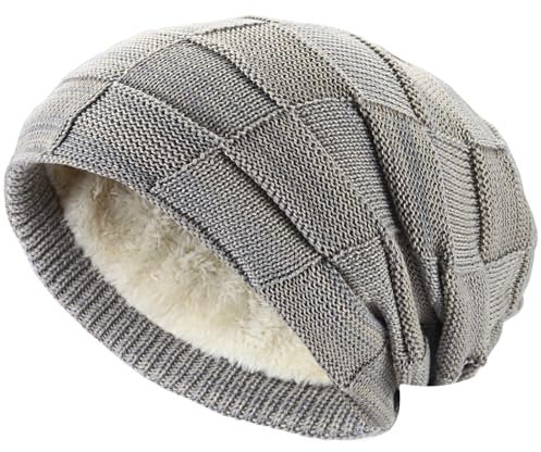 Hatstar Warme gefütterte Beanie Mütze Wintermütze Strickmütze Flechtmuster mit Fleece Innenfutter (meliert hellgrau)