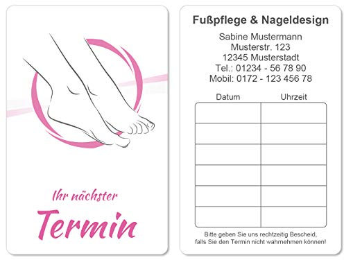 500 Terminkarten bedruckt mit Ihrer Adresse für Fußpflege Pediküre Nagelpflege - Kein Stempel notwendig - Inkl. Kartenspender