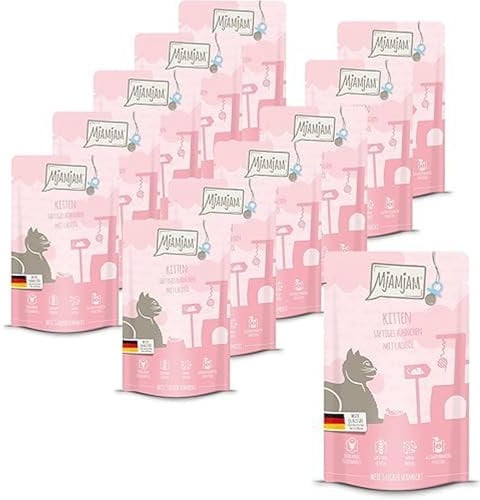MjAMjAM - Premium Nassfutter für Katzen - Quetschie - Kitten saftiges Hühnchen mit Lachsöl, 12er Pack (12 x 125 g), getreidefrei mit extra viel Fleisch