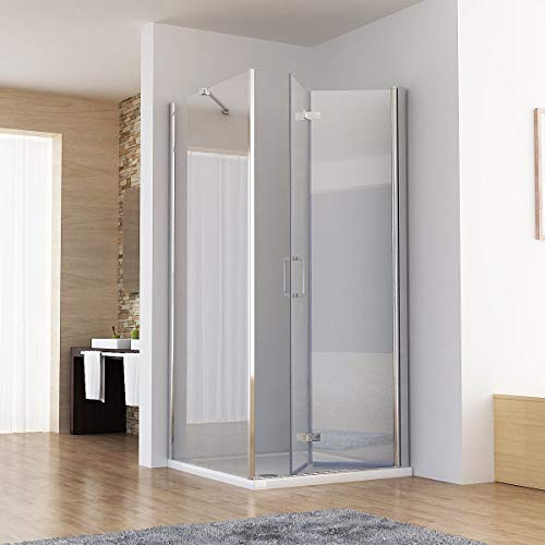MIQU Duschkabine Eck 100x80 x185 cm, Falttür+Seitenwand, ohne Duschwanne | Eckeinstieg Duschwand für Dusche, faltbare Schwingtür 100 + Festglas 80 cm, 6 mm ESG NANO Glas, Komplette Duschabtrennung