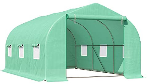 Outsunny Invernadero de Túnel con 6 Ventanas Buena Ventilación Estructura de Acero Estable Gran Entrada Cremallera para Cultivo Plantas Jardín Terraza 450x300x205 cm Verde