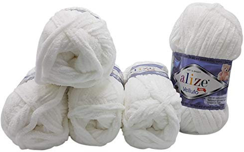 5 x 100 Gramm Alize Velluto Strickwolle, Babywolle, 500 Gramm Wolle Super soft Bulky (weiß 55)