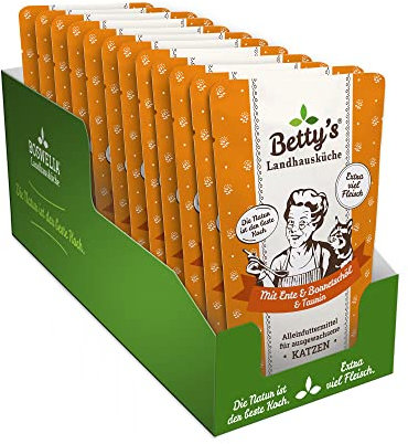 Betty's Landhausküche Frischebeutel Pouches Nassfutter Katze, Ente mit Borretschöl 12 x 100 g, getreidefrei, beste Qualität, hochwertiges Fleisch, schonend gegart, hohe Bioverfügbarkeit