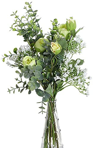 huaao 2pcs Künstliche Seidenblumen Rosa wie echt Kunstblumen Schleierkraut Eukalyptus Blumenstrauß Pflanzen Blumenarrangements Hochzeit Rosen für Tischdeko Büro Balkon Dekoration Grün