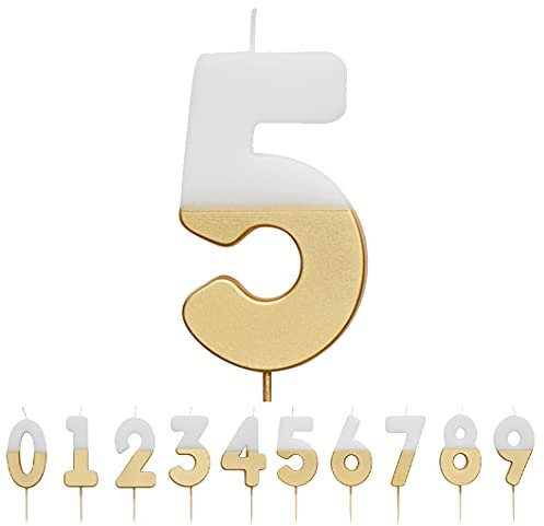 Talking Tables White and Gold Number 5 Candle Premium Quality Cake Topper Decoration | for Kids, Adults, 50th Birthday Party, Anniversary, Milestone, GoldCandle5