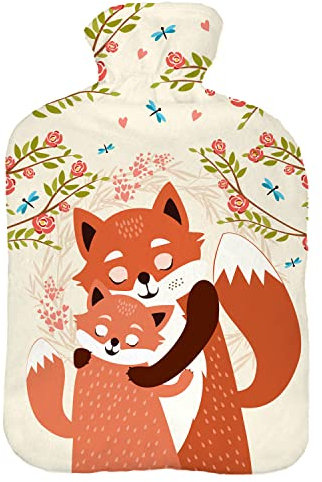 Wärmflasche mit Pullover Bezug 2 Liter Bettflasche mit schönen Fleece-Druck Bezug Gummi Wärmflasche mit Deckel Weiß Füchse Umarmung [092]