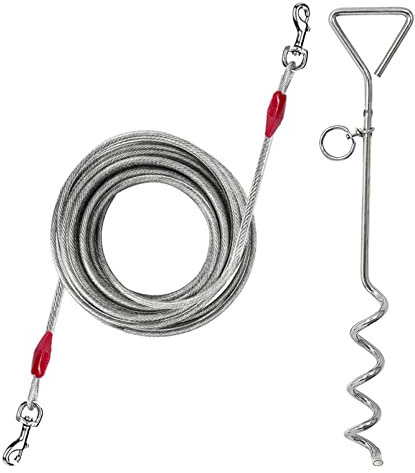 20ft (6m) Dog Tie Out Cable with 16 (40cm) Heavy Duty Steel Spiral Ground Spike Stake Dog Chains for Outside Tether, Camping Lead Hook Leash (6 metre)