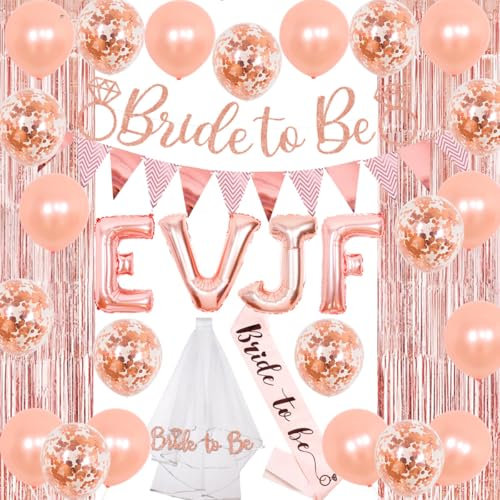EVJF Décorations Or Rose - Fête Enterrement de Vie de Jeune Fille avec Écharpe, EVJF Ballons, Voile de Mariage, Confettis, Rideau pour Douche Nuptiale Proposition Mariage Soirée Mariée