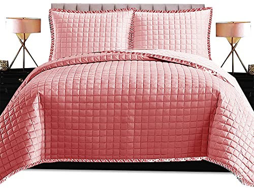 Copriletto singolo per ragazze, 100% cotone, imbottitura reversibile in rilievo, set di biancheria da letto da 3 pezzi, include 1 copriletto + 2 federe (rosa, piumone letto singolo)