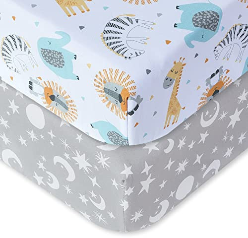 Spannbettlaken Spannbetttücher für Babybetten Kinderbett, atmungsaktives Mikrofaser Matratzenbettlaken, Oeko-TEX Zertifiziert, 60x120cm, 2er, Tier/Stern