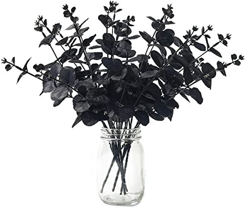 Laelfe Branche Eucalyptus Artificiel, Branche Artificielle Faux Eucalyptus Feuilles Faux Plante Tige Eucalyptus Artificielles pour Halloween Thanksgiving Maison Cuisine Mariage (6 Pcs, Noir)