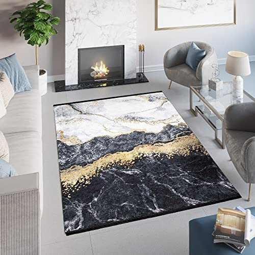 TAPISO Toscana Teppich Bedruckter Teppich Grau Gold Schwarz Marmor Fransen Waschbar rutschfest Wohnzimmer Schlafzimmer Büro Modern Design 160 x 230 cm