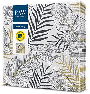PAW - Servietten 3-lagig (33 x 33 cm) I 20 Stück I Perfekt für Geburtstage, Partys, Hochzeiten, Kommunion und Feiern I Papierservietten Beidseitig Bedruckt I Blätter, Gold, Silber, Streifen I Exotic