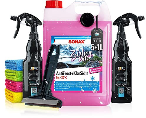 Frostschutz Auto Set: Sonax Antifrost + Klarsicht Zirbe (5L) + 2x ADBL Enteiserspray + Murska Eiskratzer - Für klare Sicht im Winter - Scheibenfrostschutz, Frostschutzmittel | 8-tlg.