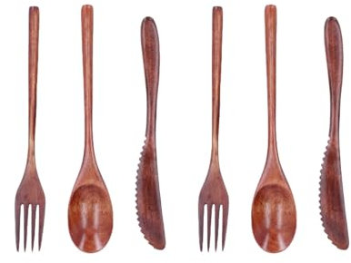 Wooden Cutlery Set, 6Pcs Reusable Flatware with Spoon, Fork and Wooden Knife Travel Cutlery for Kitchen/Home/Office/Restaurant/Camping/Picnic