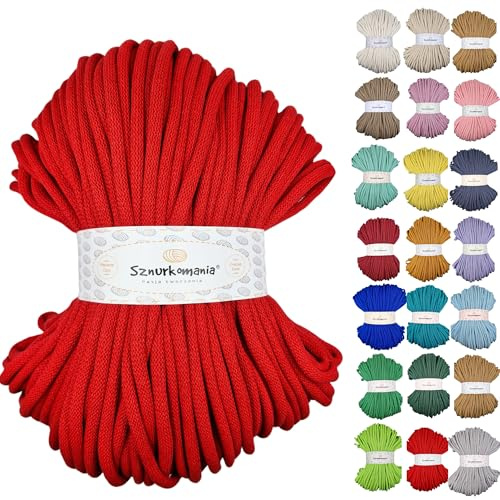 Sznurkomania, Baumwollkordel 9mm 100m, viele Farben, Makramee Garn, Baumwollgarn, geflochtene Baumwollkordel mit Kern, Makramee Kordel, Häkelkordel, Kordel 9mm, gehäkelte Tasche (Rot)