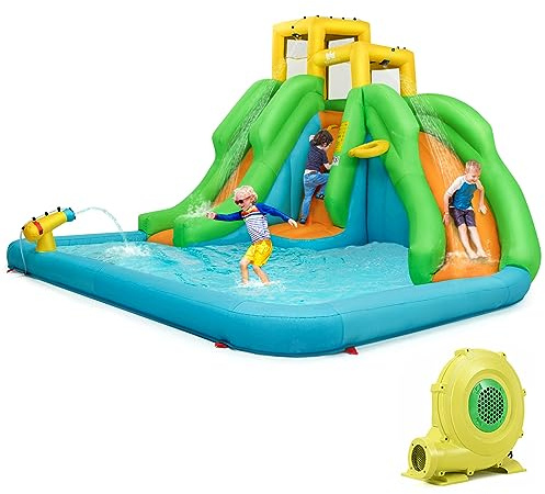 COSTWAY Castello Gonfiabile 5 in 1 con Soffiatore da 480W, Parco Acquatico con 2 Scivoli, Piscina, Parete di Arrampicata, Cannone, Cerchio e Palla da Basket, Borsa di Trasporto e Kit di Riparazione