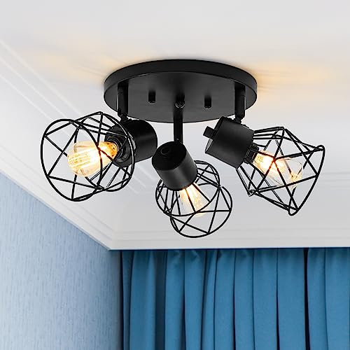 CELAVY LED Deckenstrahler 3 Flammig - Vintage Deckenleuchte Spot, Deckenlampe Strahler E14 Schwenkbar, Lampe Decke Wohnzimmer Schlafzimmer Küche Flur, Deckenspot Metall ohne Leuchtmittel, Schwarz