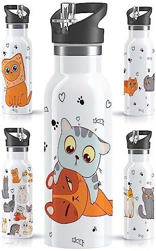 OWLBOOK® Edelstahl Trinkflasche Kinder | Wasserflasche mit Strohhalm | 600 ml | Sportdeckel | Spülmaschinenfest | Schule | Schulanfang Geschenke zur Einschulung Junge Mädchen | Katzen Rangeln