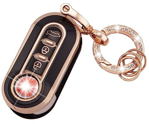 Koaudb Autoschlüsselanhänger-Schutzhülle für FIAT 500 500L Brava Bravo Ducato Fiorino Punto Panda Qubo Stilo Lancia 3 Tasten Flip Folding Key Case Shell mit Schlüsselanhänger Schwarz Gold (R-Fia-B)