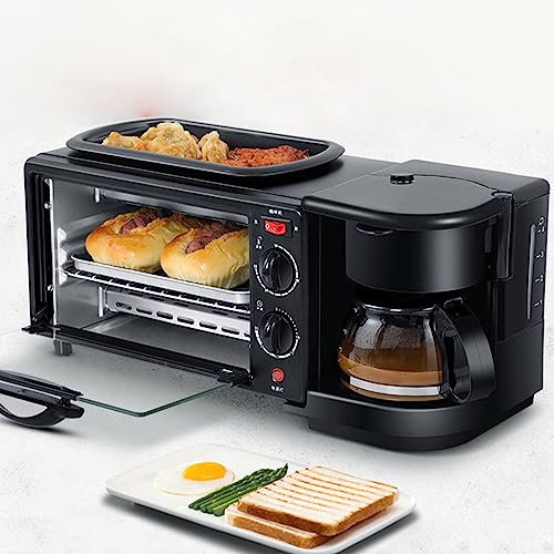 FVTVHEV Bread Maker 9L Toaster Oven, 1050W 3-in-1 Bread Machine with Pizza Oven Frying Pan Coffee Cups, Adjustable Temperature and Time, Breakfast Machine