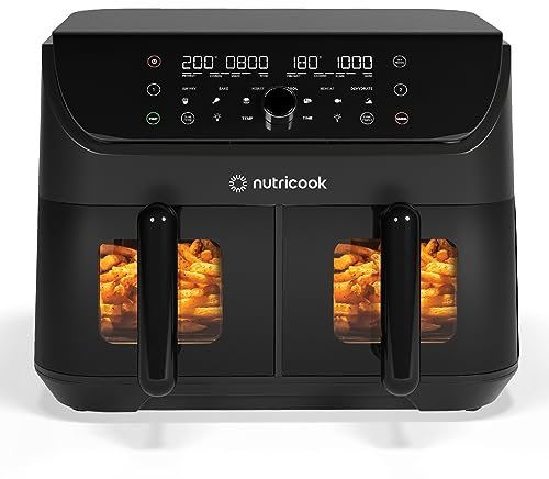 Nutricook Air Fryer Duo2Vision with Clear Window & Internal Light, 8.5L Independently Controlled Dual Baskets, Air Fry, Bake, Roast, Broil, Reheat, Dehydrate, 6Presets, Black, 2400 Watts, 2Yr Warranty