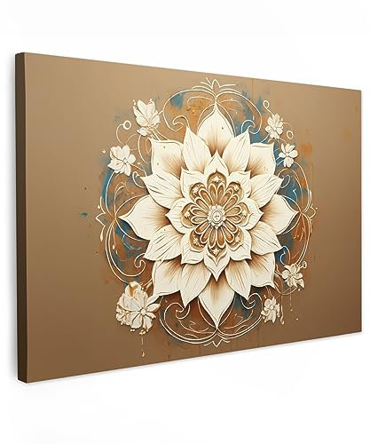 MuchoWow© Leinwand Bilder 60x40 cm Wanddeko Wohnzimmer Aesthetic Room Decor Deko Zimmer Wandbilder Modern Fotogeschenke Mandala - Blumen - Weiß - Braun