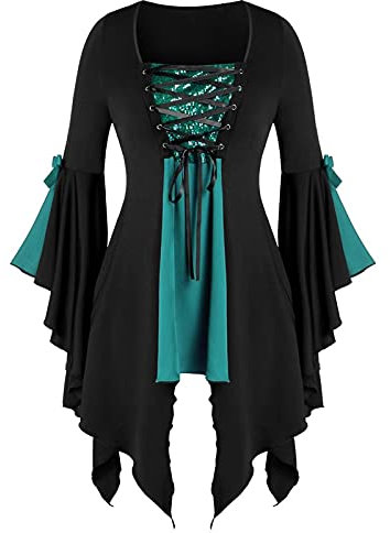 Halloween KostüM Damen Größe Gothic-Bluse T-Shirt lang Pailiniertes Spitzenoberteil Plus Tunic-Ärmel Frauen up Plus Größe Oberteile Schuhe Damen Herbst Elegant (Green, XL)