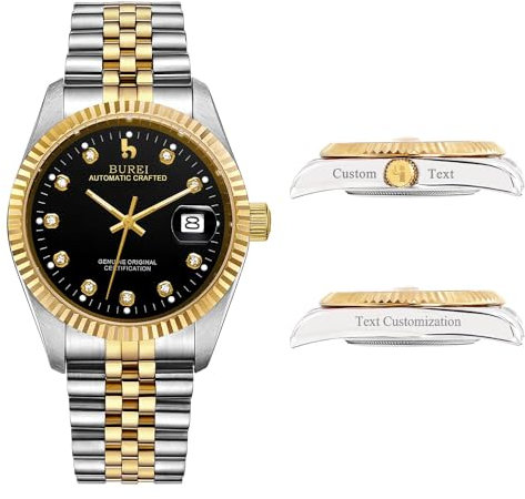 BUREI Herren Custom Uhren Personalisiertes Luxus -automatik -Armbanduhrgesschenk, Kalenderdatum Display Mit Saphirkristall -Strass -markern(Schwarzes Gold)