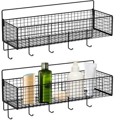AUSYIWI 2 Pezzi Mensole da Muro Senza Foratura con Gancio, Cestini da Appendere, Mensole da Cucina, Portaoggetti da Appendere Bagno, Mensole per Cameretta, Cucina, Salotto (con 2 ganci adesivi)
