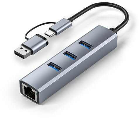 Vunvooker USB A&C zu Ethernet Adapter,USB Hub mit RJ45 1000 Gigabit,3*USB 3.0 Ports, 4-in-1 Aluminium USB zu Netzwerk Adapter Multiport für MacBook Pro, Surface Pro, XPS, etc.