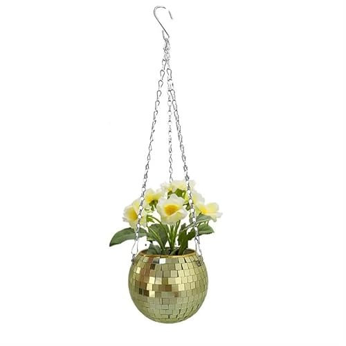 Disco Ball Hanging Flower Pot For Indoor Plants Bohemian Style Flower Planter Pots Rope Mirror Hanging Basket Garden Decor Vase (Color : Gold, Size : 10cm)