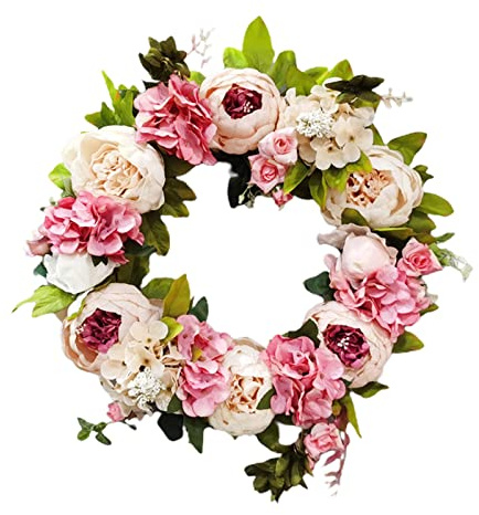 SUNFECILI Frühlingskränze für die Haustür, Kranz mit Künstlichen Blühenden Blumen, Alle Kränze für Hochzeiten Im Freien, Wand, Zuhause, Kranz, Dekor, Pfingstrosenkranz für Gartendekoration,(Rosa)