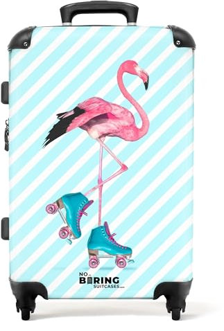 NoBoringSuitcases.com © Valise Rigide à roulettes Valise de Voyage Bagage à Main 4 Roues, Serrure TSA (Flamant Rose avec des Rollers Bleus), (Taille Moyenne 67x43x25 cm)