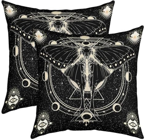 richhome Death Moth Kissenbezüge 40x40 Set von 2,Retro Gothic Sonne und Mond Reversible Wurf Kissenbezüge, Mystery Starry Sky Bohemian Augen Kissenbezüge Set für Schlafzimmer Wohnzimmer
